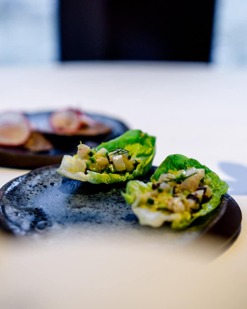 Sea bass ceviche with radish slices plated as part of Mikla's tasting progression
